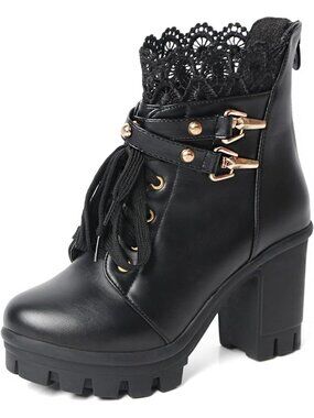 Women's Black Microfiber High Chunky Heel Lace Buckle Combat Ankle Booties
